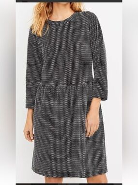 LOFT textured Black and White Dot-Pattern Long Sleeve fit n flare Dress
